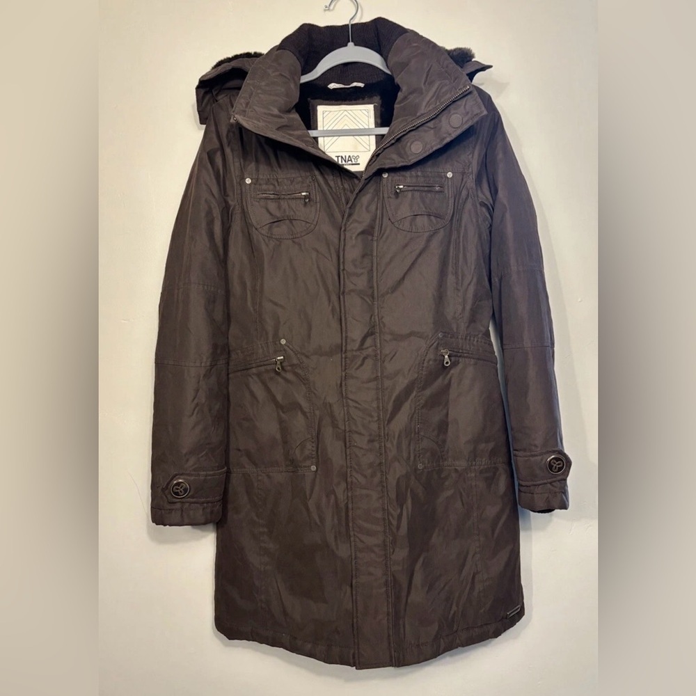 Aritzia TNA Verbier Brown Parka Coat Small No Faux Fur Hood Cold Weather Ski